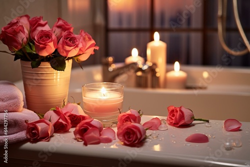 Romantic bathroom setting with roses and an engagement ring on a table  beautifully decorated for Valentine s Day. Generative AI