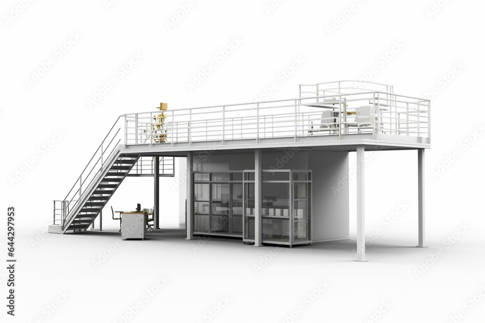 A white isolated mezzanine with temporary design and stairs for warehouse or factory. Includes 3D equipment. Generative AI