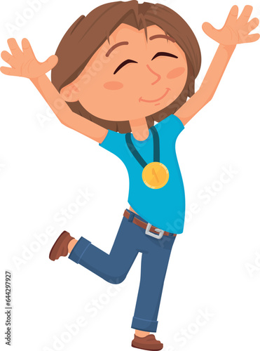 Champion boy character with golden medal. Happy winner