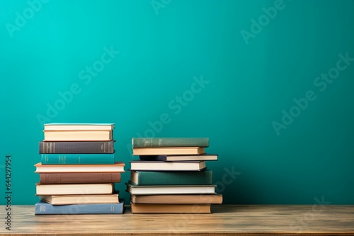 Books on wooden table with teal background, perfect for back to school, education, and reading. Plenty of space to write. Generative AI