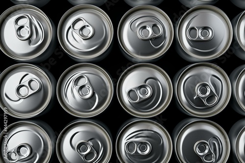 Overhead view of multiple sleek aluminum cans in 3D. Generative AI