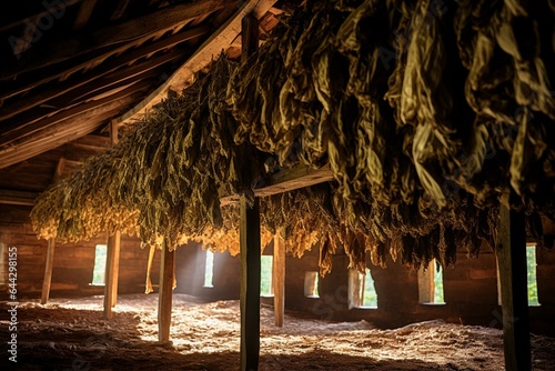 Drying shed with tobacco leaves and quality control of tobacco leaf in a barn. Hanging burley tobacco cures in a barn for agriculture and tobacco farming. Generative AI photo