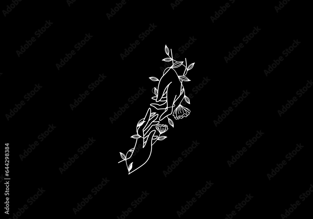 Fototapeta premium Logo Floral with Two hand reach each other with entangled by leafs, Line Logo, Minimalist Modern and Feminism, Editable color.