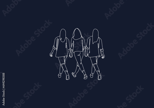 logo line three sisters walking. minimalist, modern, feminism. editable color