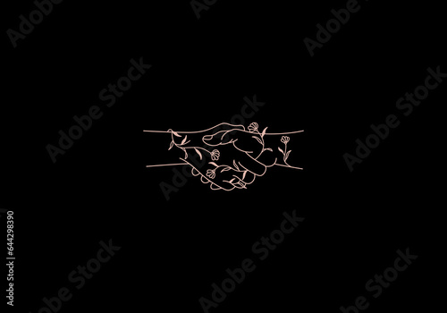 logo handshake and floral, hands are entangled by branch of leafs. logo minimalist, lineal, modern, Aesthetic, Feminisms