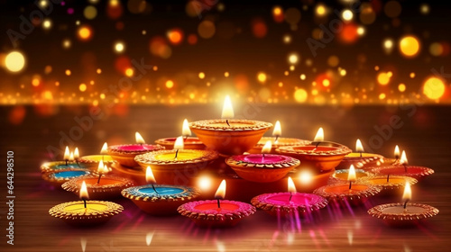 Diwali festival celebration, colorful diyas candles oil lamps and clay lamps glowing in the dark, festival of lights background illustration.