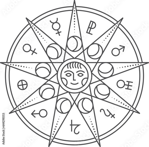 Esoteric sun and astrology symbol. Moon cycle sign