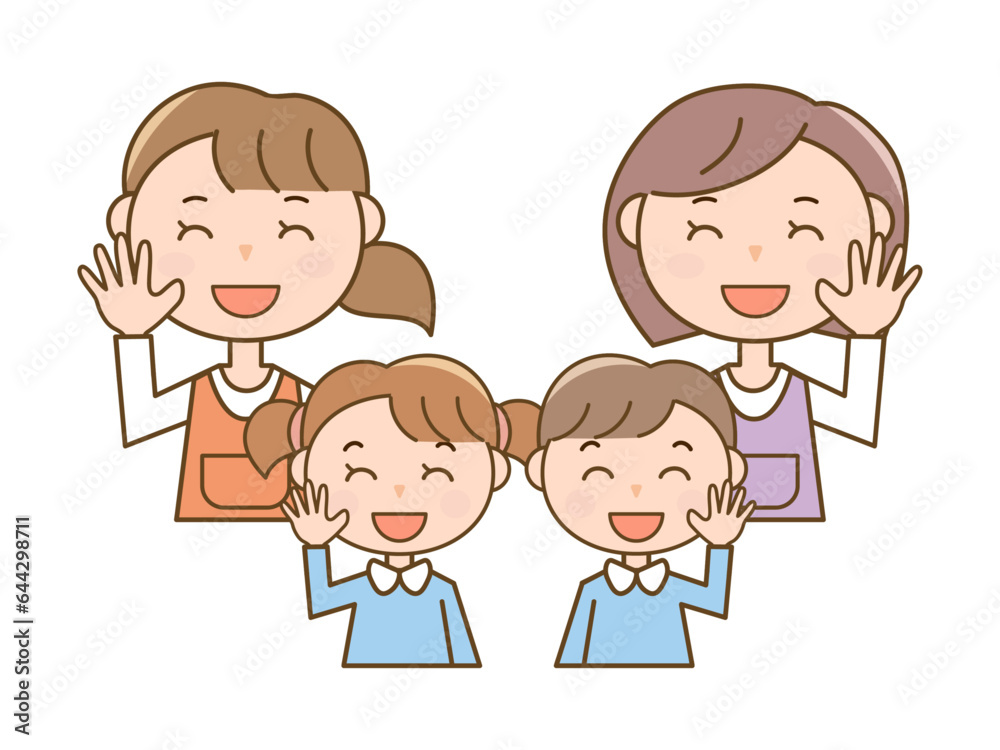 笑顔のエプロン姿の女性保育士さんと保育園児_男の子と女の子のイラストセット