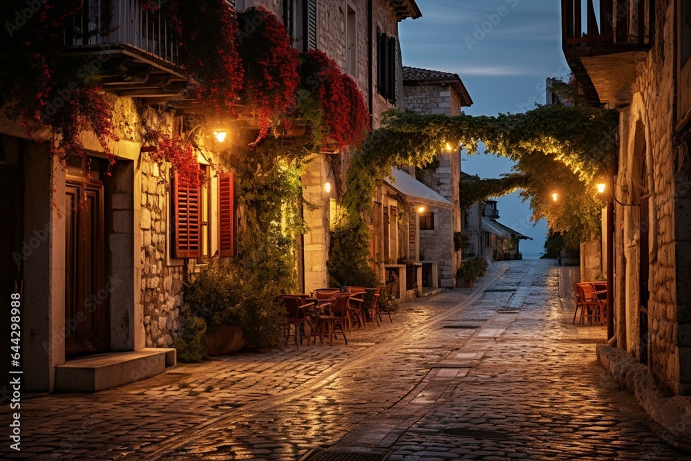 Evening illuminated Old Street in Porec, Croatia, Europe. Generative AI
