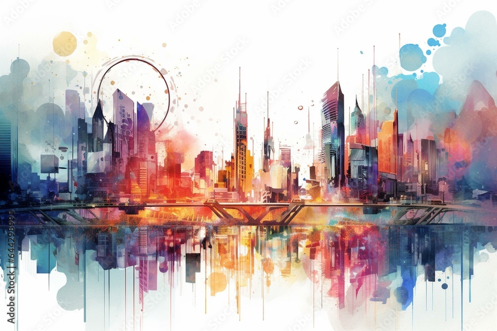 Illustration of a metropolis with watercolor aesthetics. Generative AI