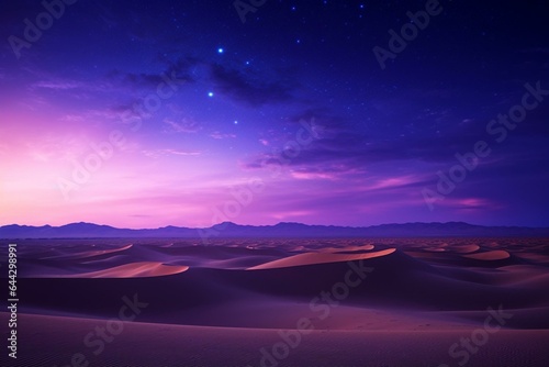 A landscape of sand dunes under a purple gradient starry sky. Generative AI
