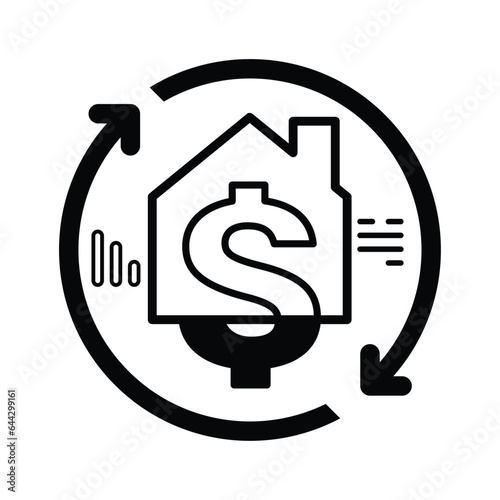 Home and dollar icons are merged inside reverse arrow. Home loan refinance icon.
Vector illustration outline flat design style.