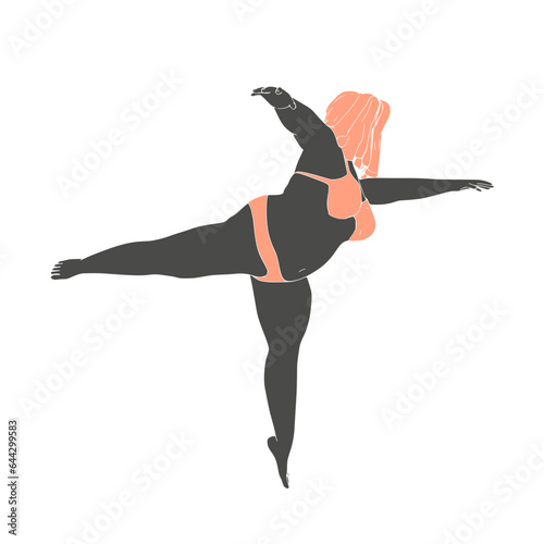 Beautiful plus size woman wearing underwear or swimsuit is dancing. Body positive concept. Attractive overweight girl. For Fat acceptance movement.