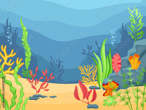 Underwater background. Ocean bottom sand with weeds and corals