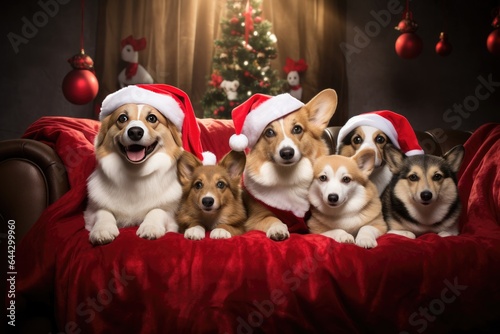 Group of dogs wearing red santa costume sitting celebration on sofa in the room for christmas theme concept. Generative Ai
