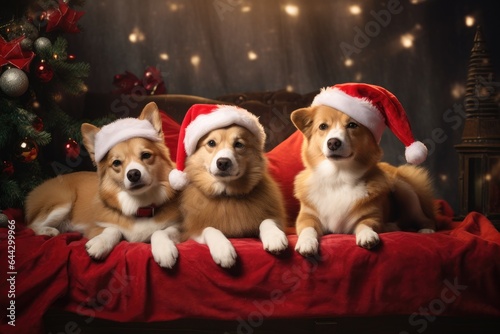 Group of dogs wearing red santa costume sitting celebration on sofa in the room for christmas theme concept. Generative Ai