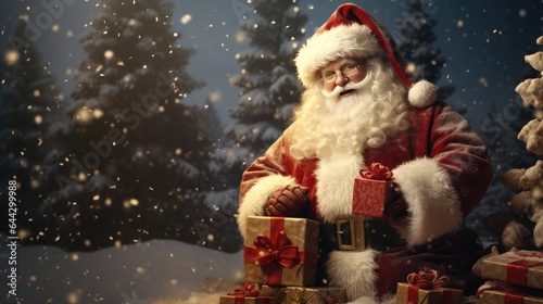 Santa claus holding gift box for give childs in the night background. Generative Ai © Areerat