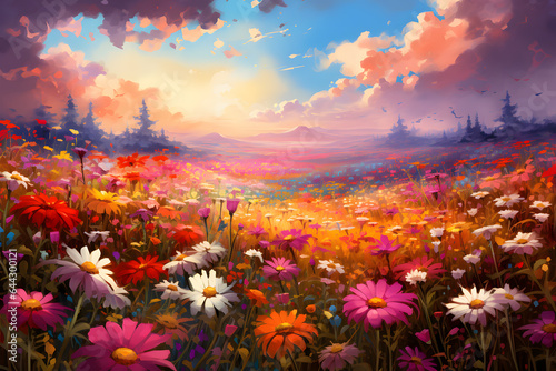 art beautiful landscape sunset in the park  painting of a flower garden at sunrise