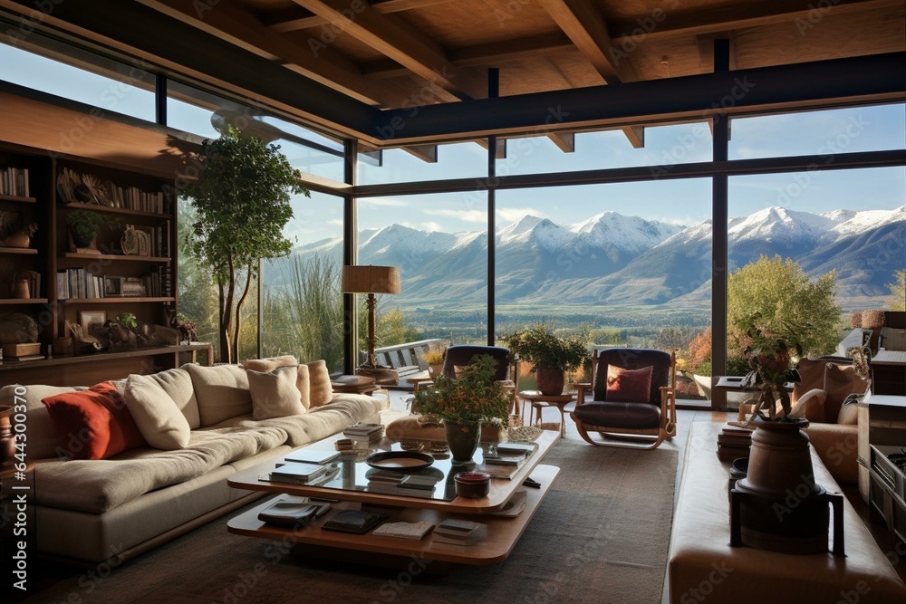 Eclectic living area with diverse furniture and scenic mountains visible from a rustic retreat. Generative AI