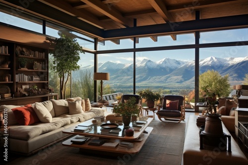 Eclectic living area with diverse furniture and scenic mountains visible from a rustic retreat. Generative AI