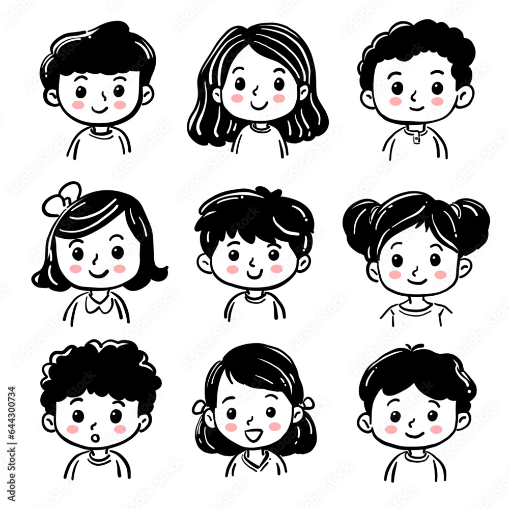 Cartoon children avatars set. Cute face of boys and girls with hand-drawn style. Vector illustration Cartoon children avatars set. Cute face of boys and girls with hand-drawn style. Vector illustration