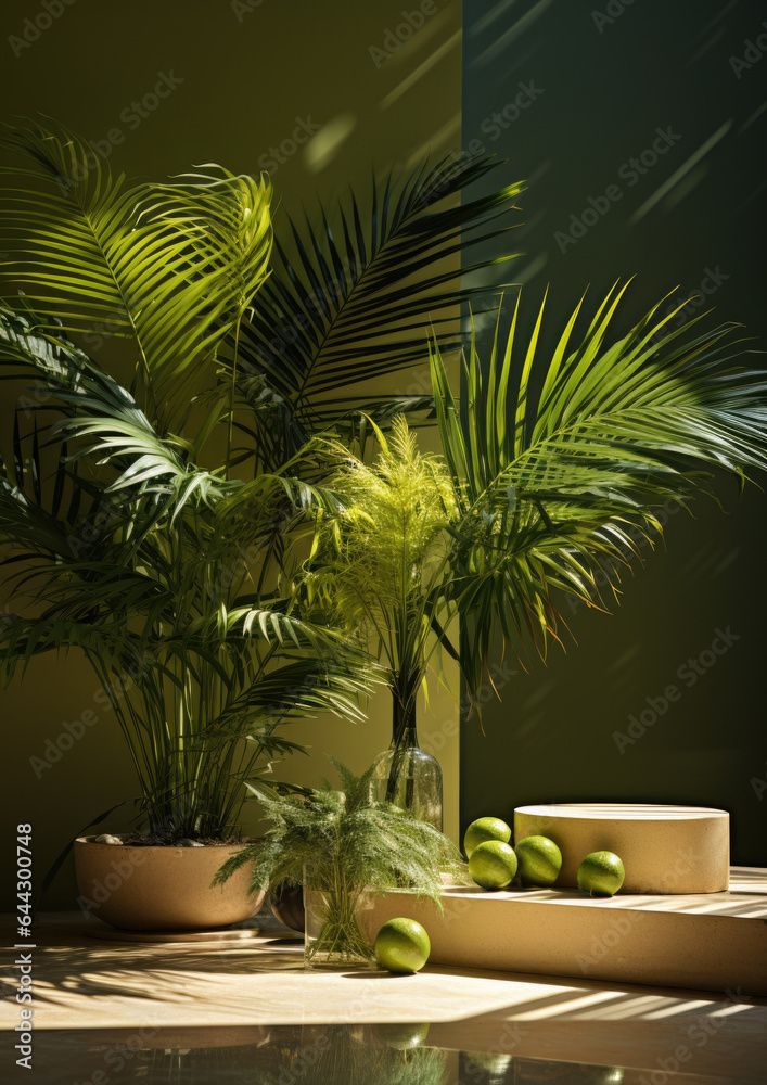 Beautiful tropical interior design with potted plants, vases, and a sense of space, light filling the room, and dark shadows. Green key coloured walls create a sense of atmosphere and life. Beautiful tropical interior design with potted plants, vases, and a sense of space, light filling the room, and dark shadows. Green key coloured walls create a sense of atmosphere and life.