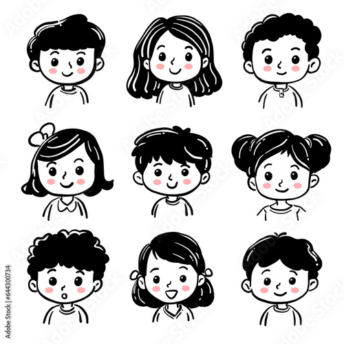 Cartoon children avatars set. Cute face of boys and girls with hand-drawn style. Vector illustration