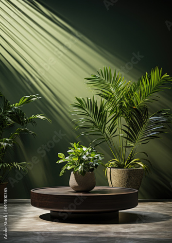 Beautiful tropical interior design with potted plants, vases, and a sense of space, light filling the room, and dark shadows. Green key coloured walls create a sense of atmosphere and life. 