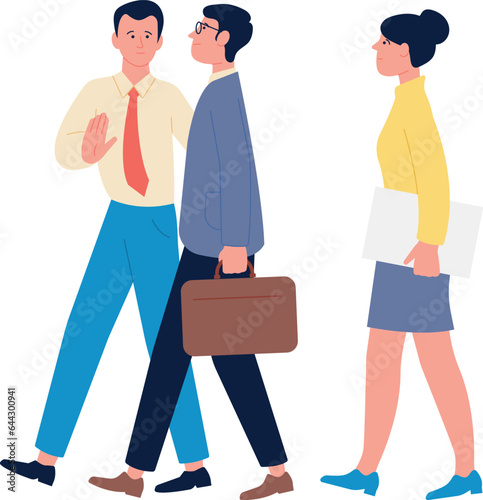 Business team discuss problem. Colleagues walking and talking