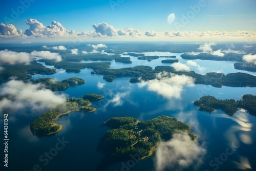 A breathtaking aerial view of clouds and lush islands in Masuria. Poland's beautiful Masurian Lake District. Generative AI