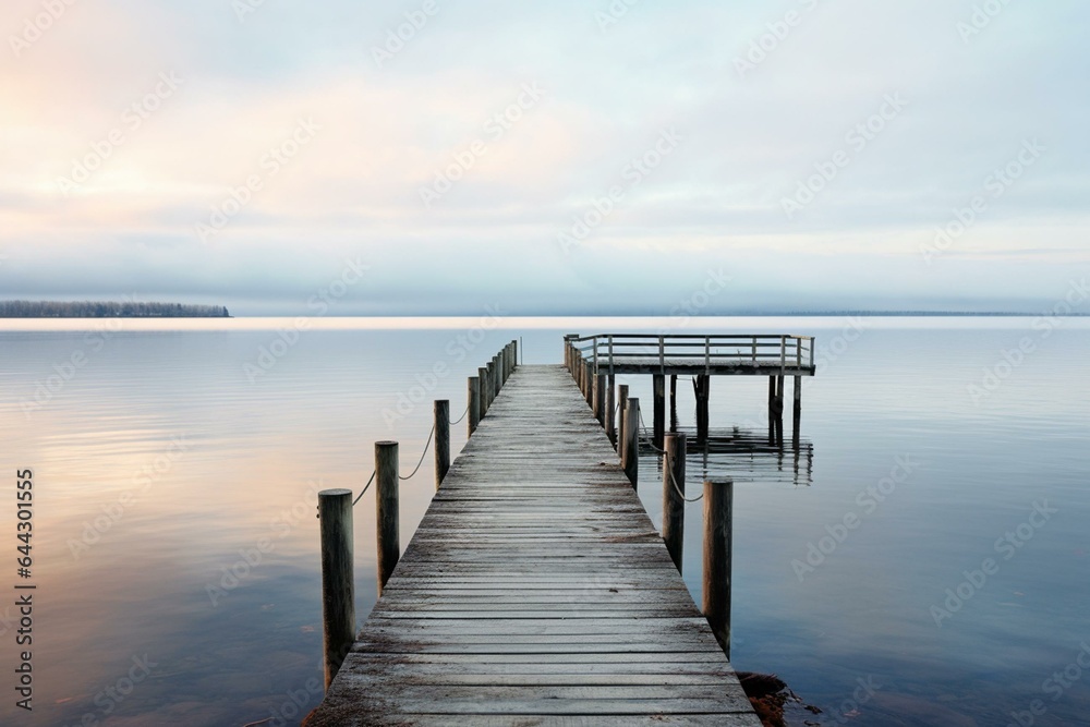 A wooden pier extends into the calm waters of a lakeshore. Generative AI