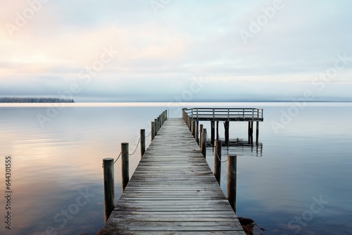 A wooden pier extends into the calm waters of a lakeshore. Generative AI © Aphrodite