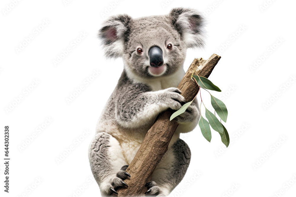 Koala perched on a eucalyptus tree branch transparent isolated on white background cutout. PNG file ,artwork graphic design ,Generative AI - obrazy, fototapety, plakaty 
