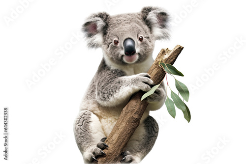Koala perched on a eucalyptus tree branch transparent isolated on white background cutout. PNG file ,artwork graphic design ,Generative AI photo