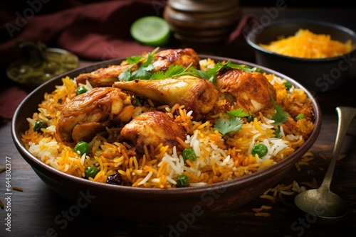 Spicy Pakistani and Indian chicken biryani. Generative AI