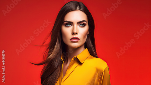portrait of caucasian fashion model wearing yellow shirt isolated on red background  photo