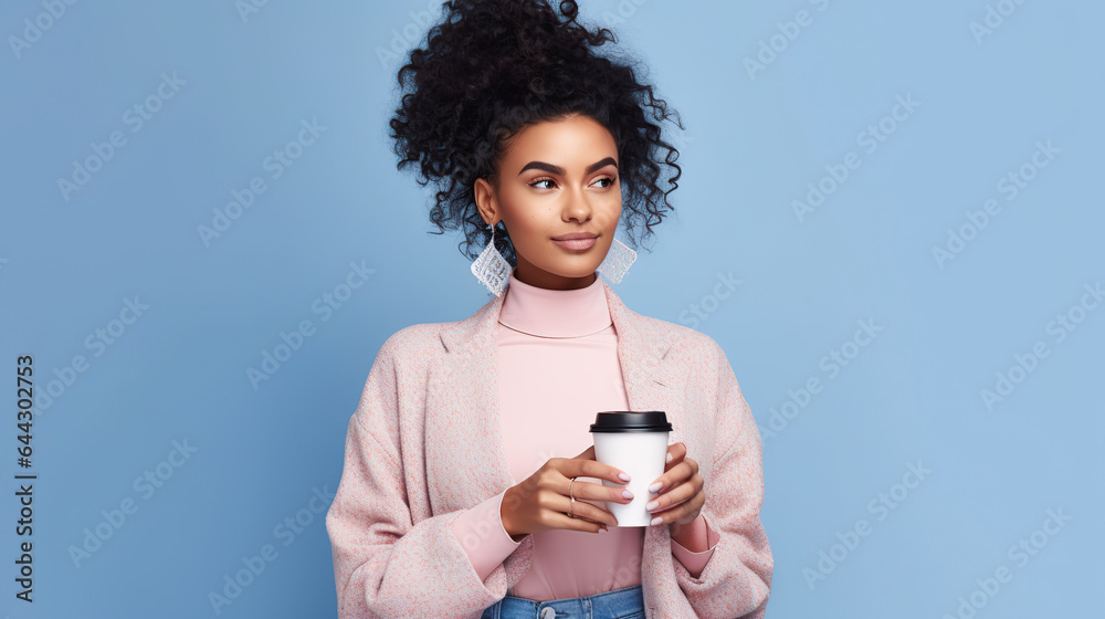 woman holding coffee cup isolated on empty blue background woman holding coffee cup isolated on empty blue background