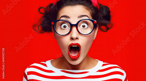 portrait of excited caucasian woman isolated on red background 