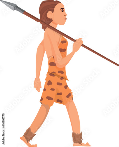 Stone age woman with spear. Primeval female hunter