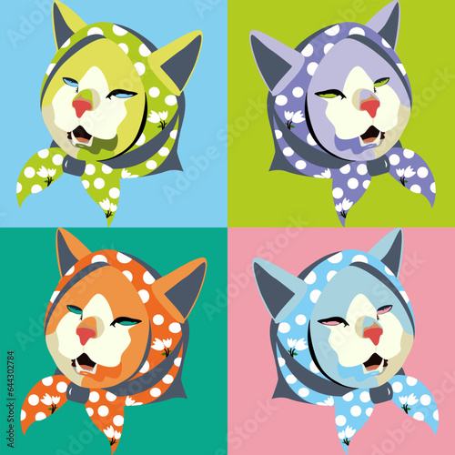 illustration vector graphic of cat head wearing  a babushka pop art inside frame vector