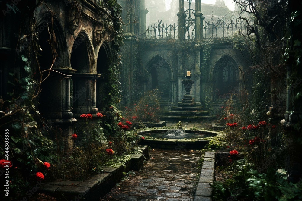 A gloomy rose garden exuding a somber scholarly atmosphere. Generative AI
