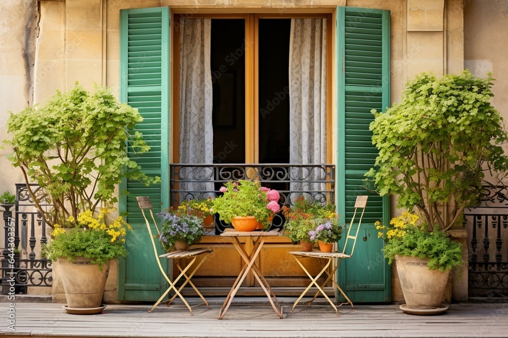 French balcony with window doors adorned by three green potted plants. Generative AI