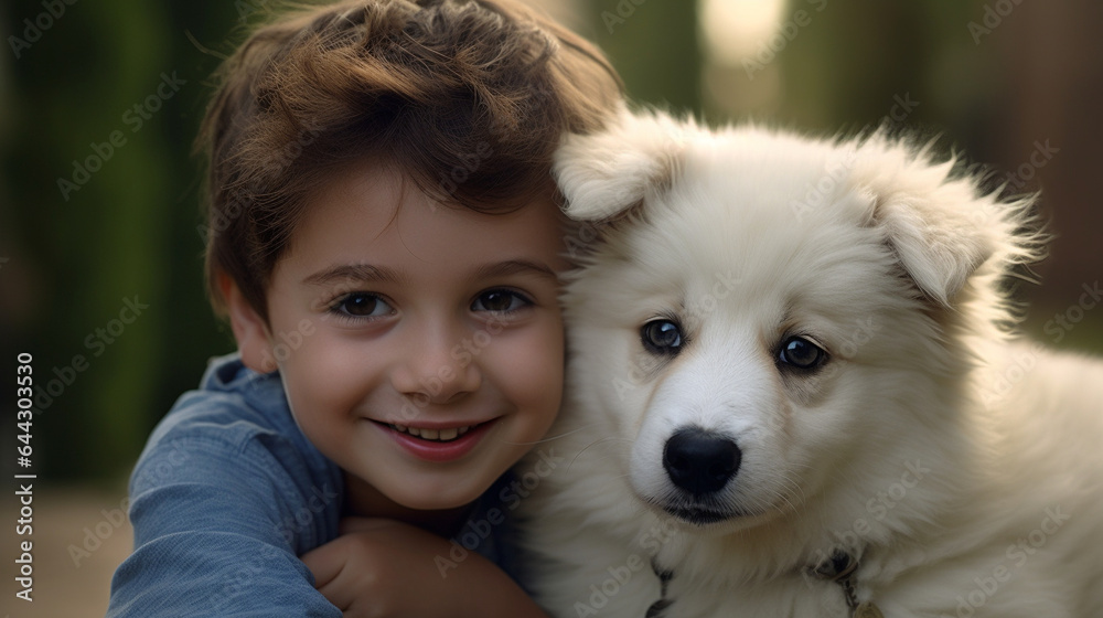 A boy hugging white dog in the field in summer day together. A boy hugging white dog in the field in summer day together.