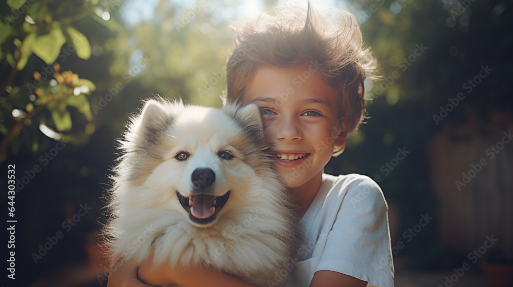 A boy hugging white dog in the field in summer day together. A boy hugging white dog in the field in summer day together.
