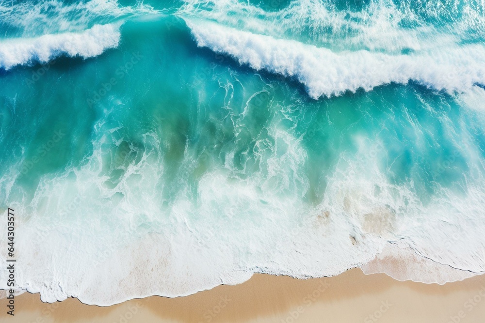 Aerial view of turquoise beach and waves in summer. Generative AI