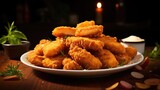 pile of chicken nuggets with tomato sauce on a wooden table with blurred background