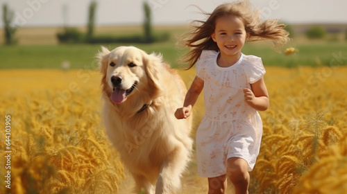 Cute girl run and play with white dog in the field day together.