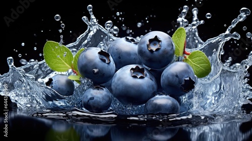 fresh blueberries splashed with water on black and blurry background