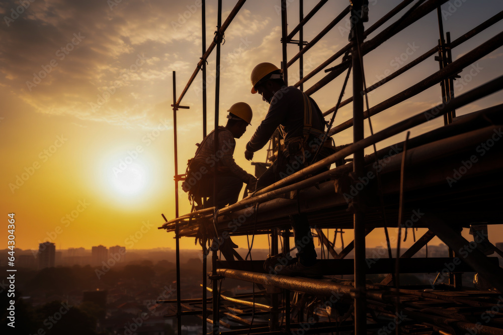Silhouette of an engineering team working on the construction site at sunset