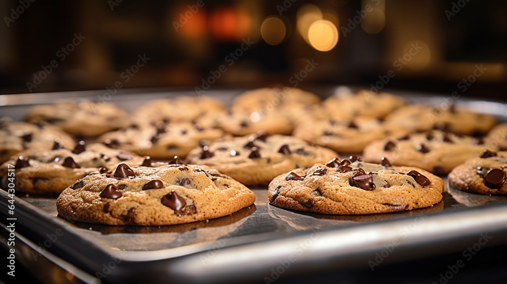 cookies on tray in the kitchen with blur background. close up and selective focus